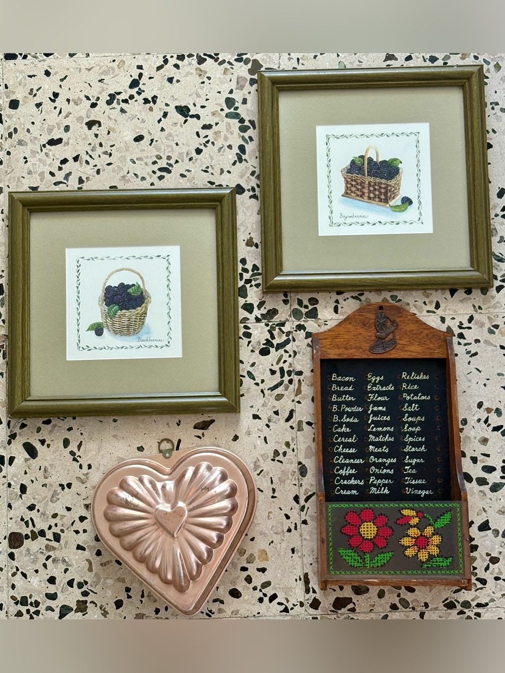 Vintage Copper Mold Wall Decor with Framed Berry Prints Cottagecore Bundle